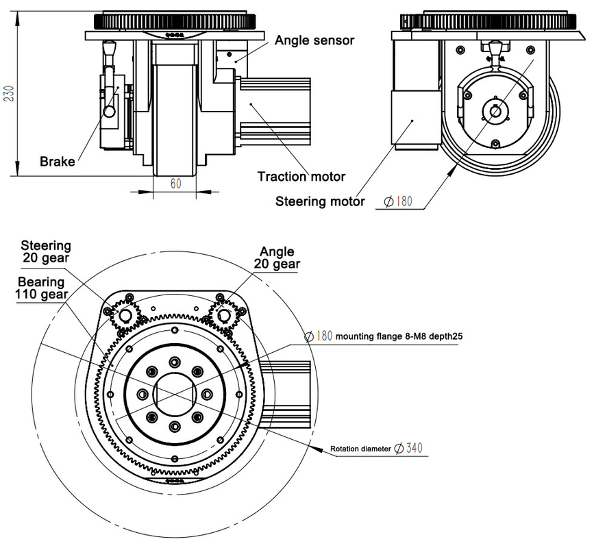 230 밀리미터 구동 모터 브레이크와 AGV 스티어링 드라이브 바퀴는 파워 스티어링 모터를 인코딩합니다
